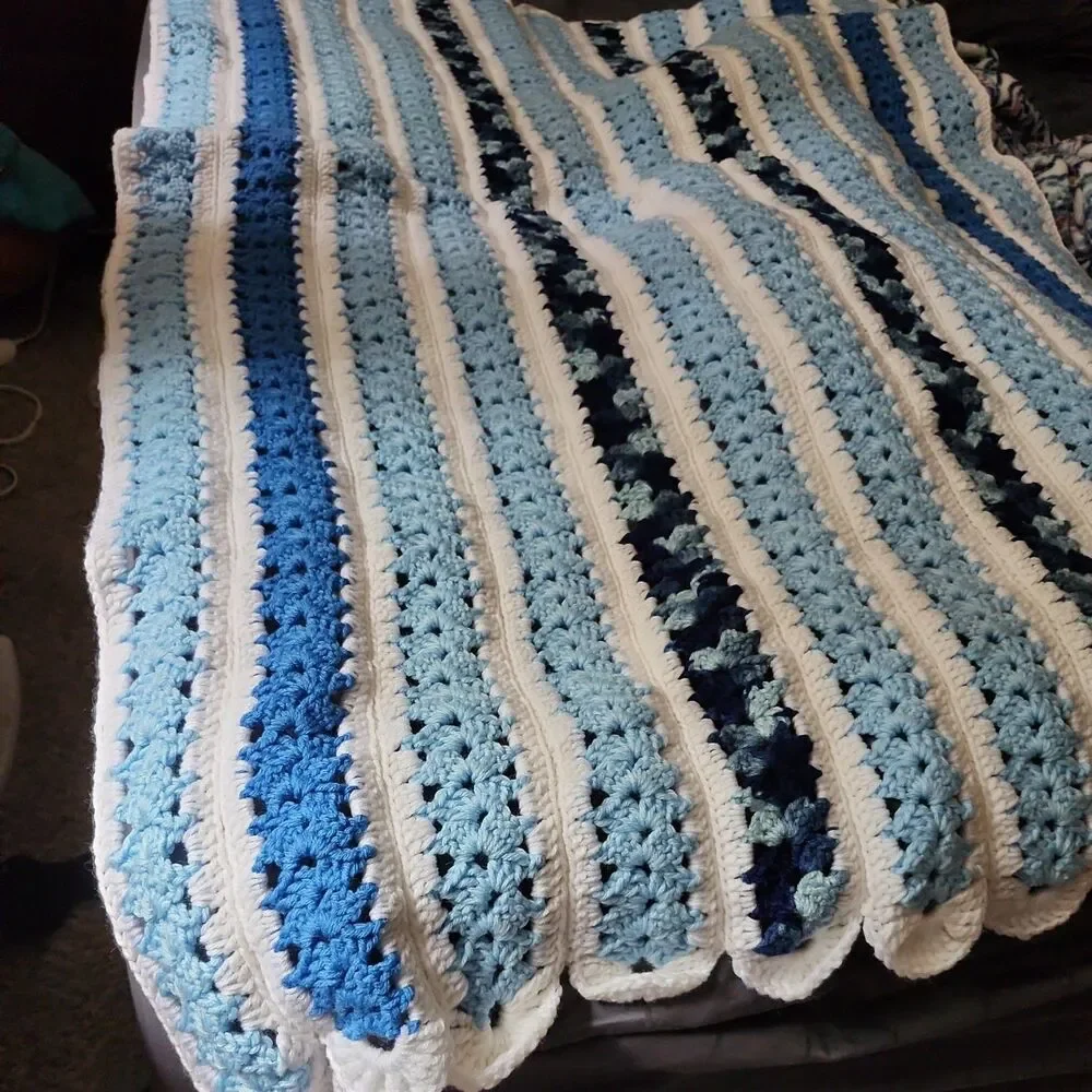 Vintage Handmade Crochet Afghan In Shades of Blue with White Edging 36x60